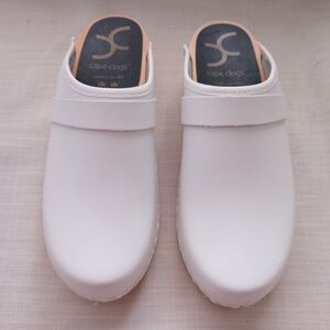 Swedish Cape Clogs White Leather Wooden Mules Slip On NWOT